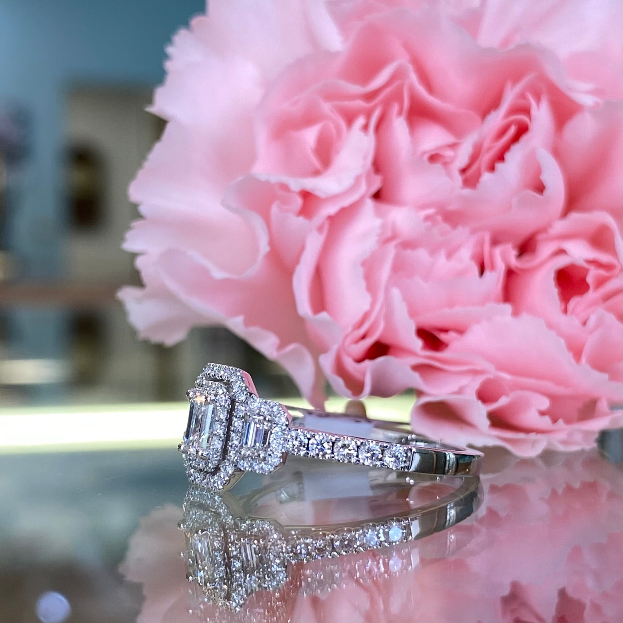 Mosaic Emerald Cut Three Stone Diamond Ring in 14k White Gold