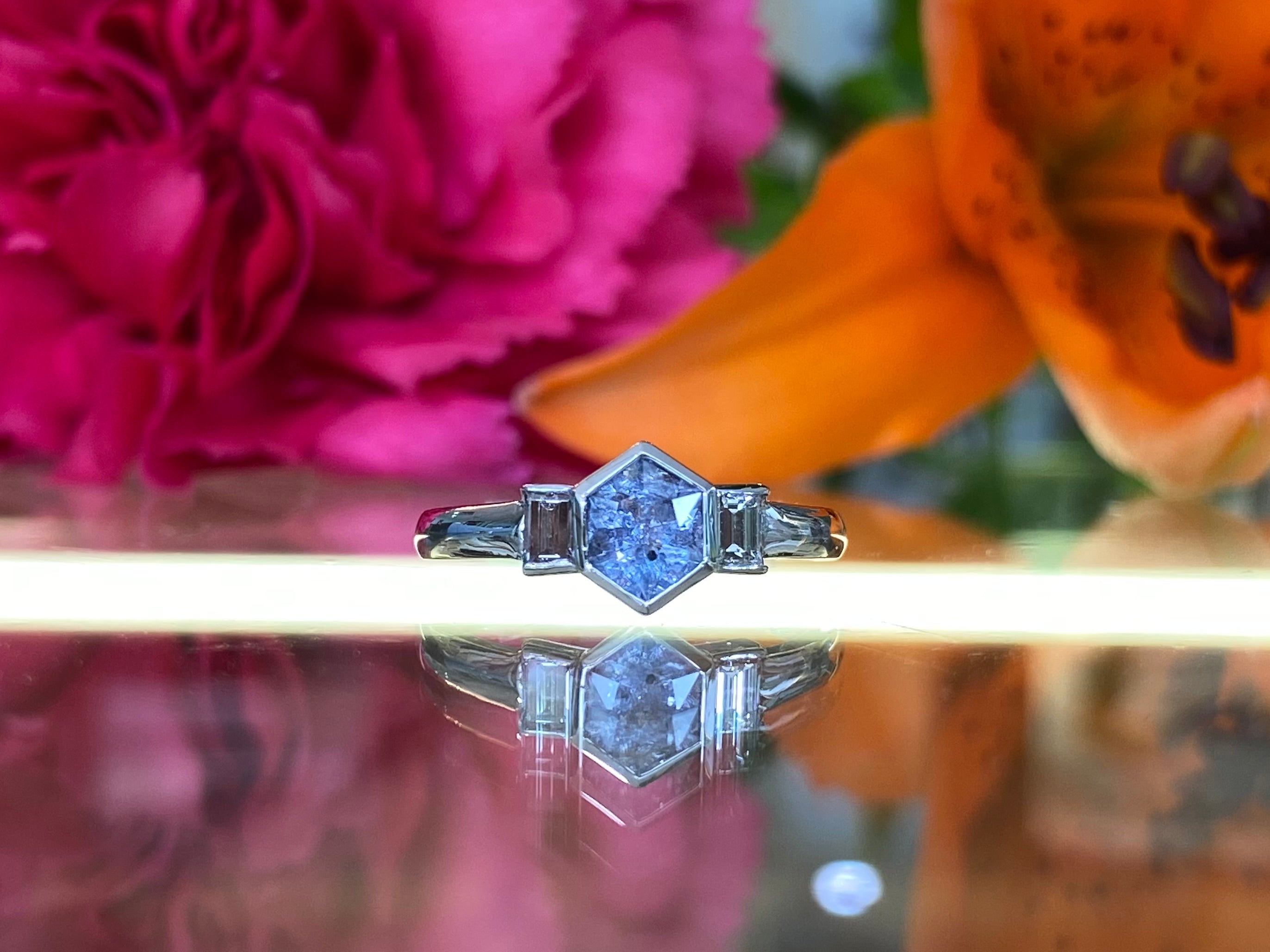 Pale Blue Sapphire & Baguette Diamond Ring