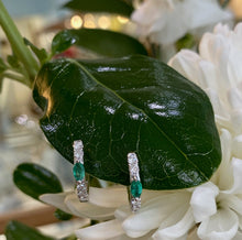 Load image into Gallery viewer, White Gold Emerald and Diamond Huggie Hoop Earrings
