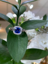 Load image into Gallery viewer, 18K White Gold Square Sapphire Diamond Halo Ring
