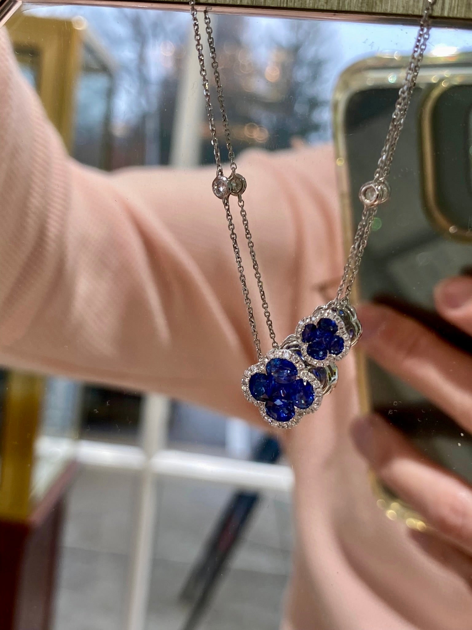Sapphire and Diamond Asymmetrical Quatrefoil Necklace