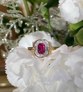 18K Yellow Gold Ruby and Diamond Halo Ring