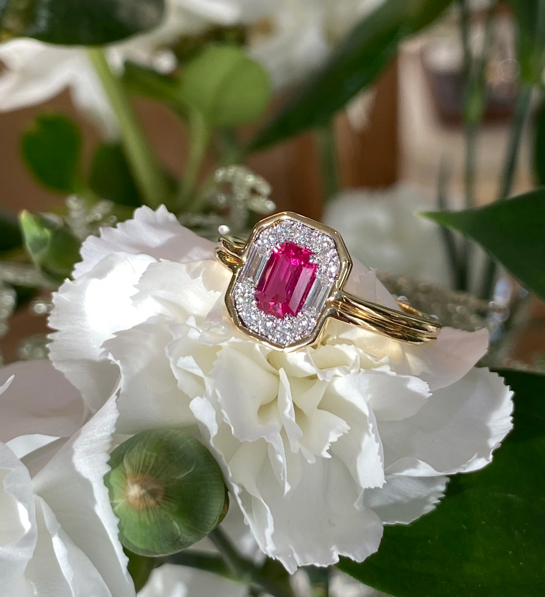 18K Yellow Gold Ruby and Diamond Halo Ring