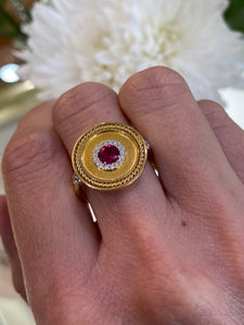 18K Yellow Gold Ruby and Diamond Disc Ring