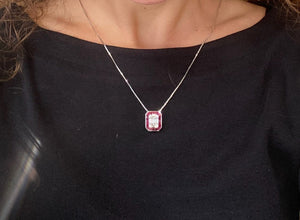 14K White Gold Diamond Mosaic Ruby Halo Pendant Necklace