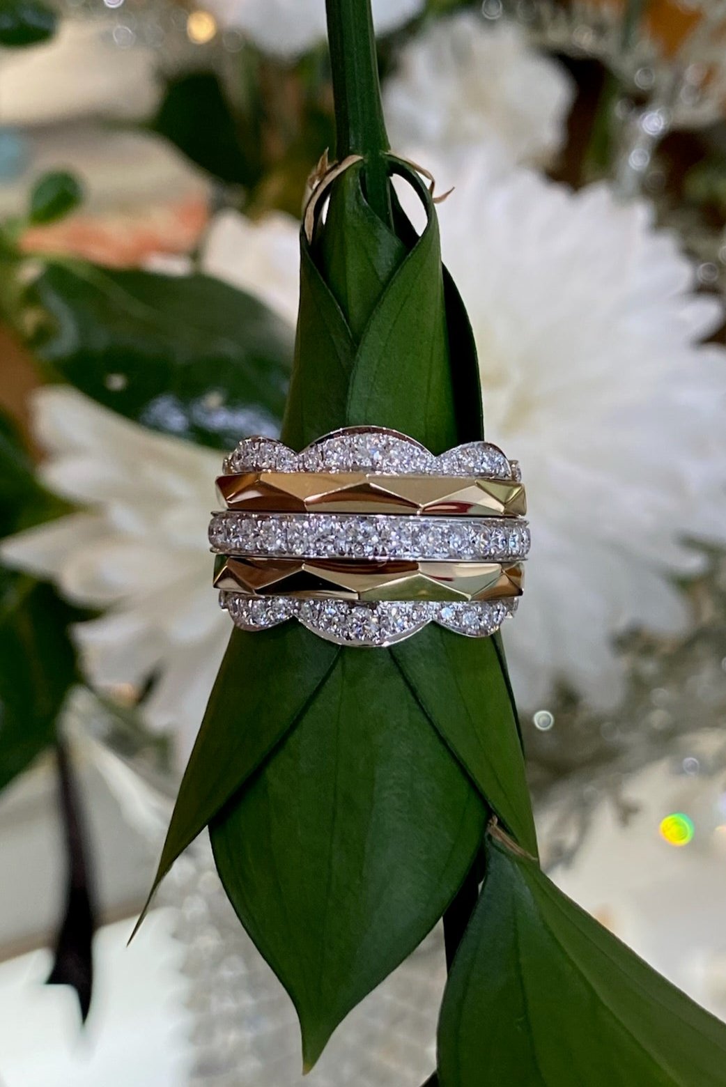 Two Toned Gold and Diamond Geometric Multi-Band Ring