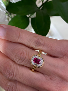 18K Yellow Gold Ruby and Diamond Halo Ring