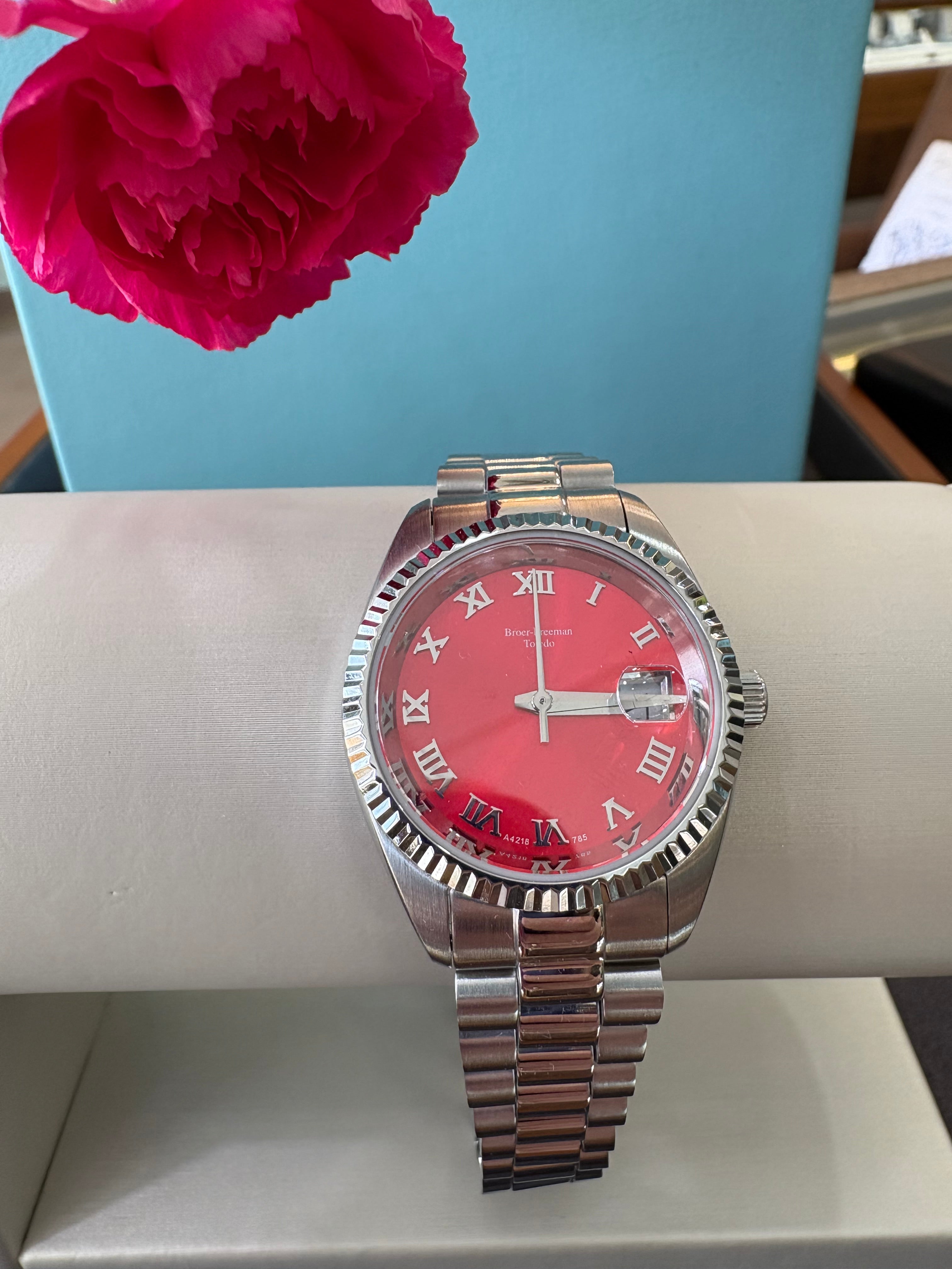 Red Dial Silver Bracelet Watch