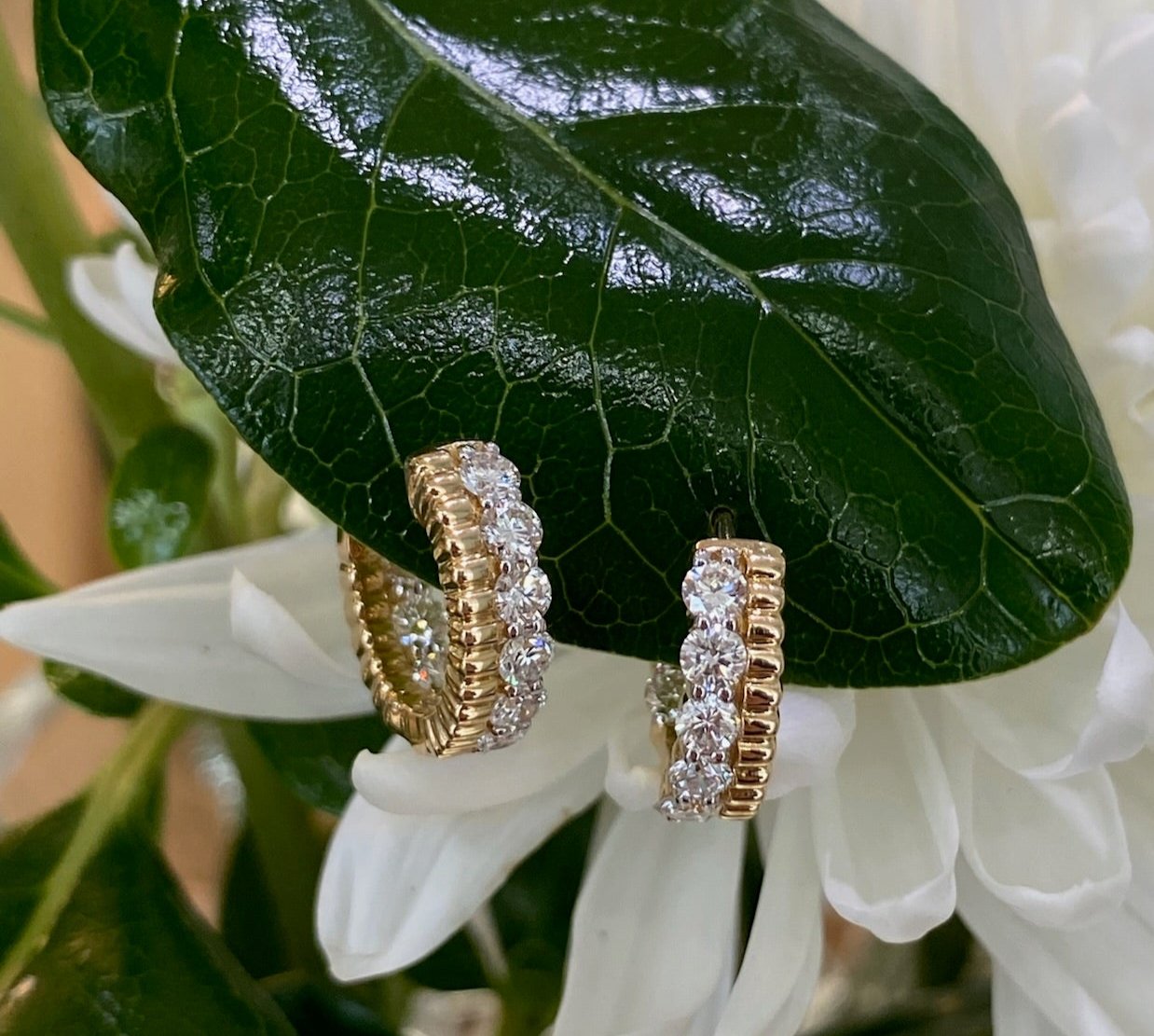 Yellow Gold and Diamond Double Row Huggie Hoop Earrings