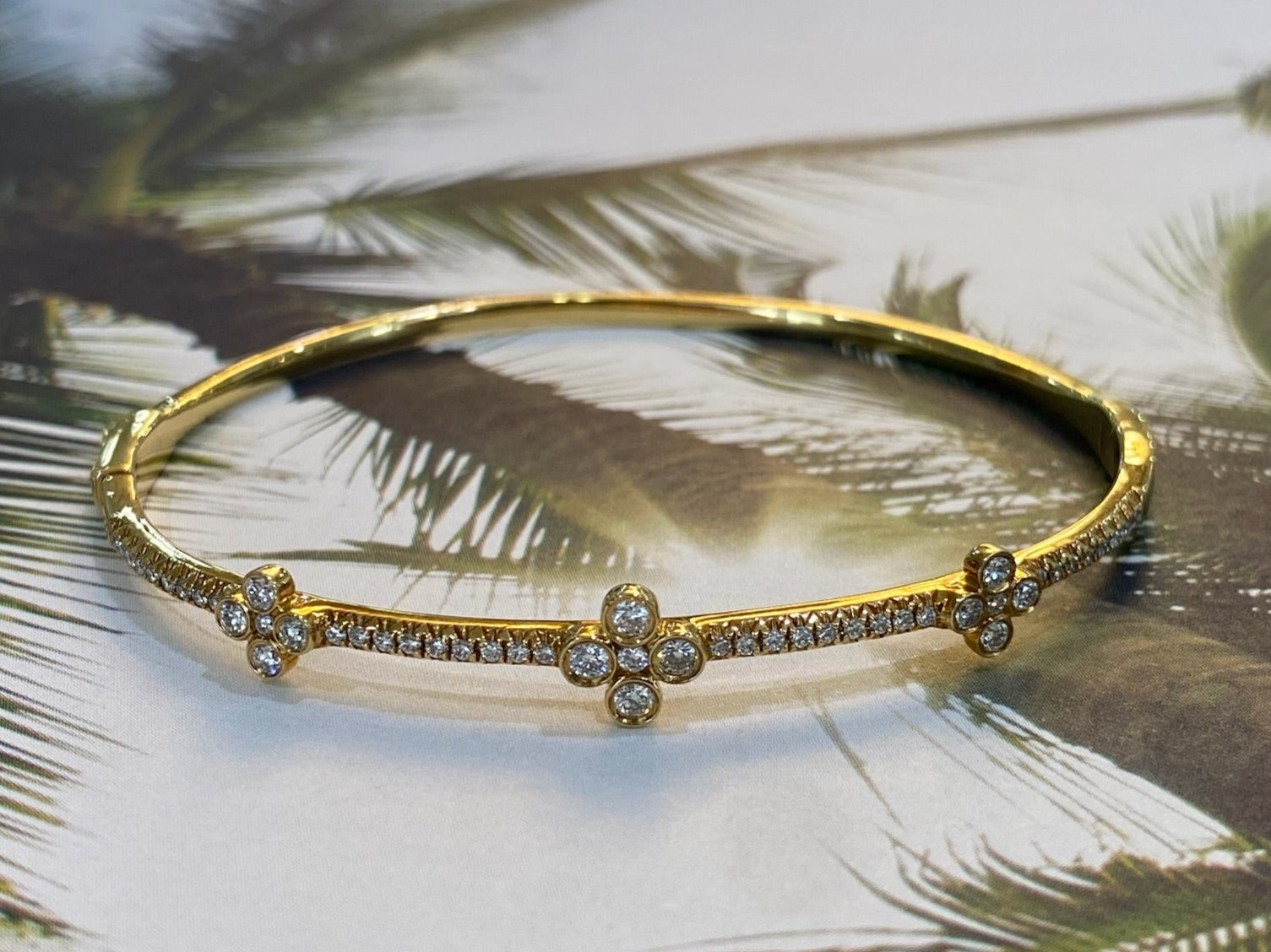 18K Yellow Gold and Diamond Tri-Flower Bangle Bracelet