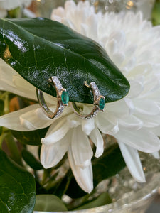 White Gold Emerald and Diamond Huggie Hoop Earrings