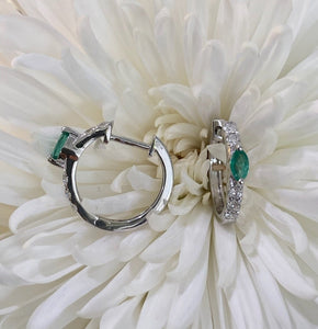 White Gold Emerald and Diamond Huggie Hoop Earrings