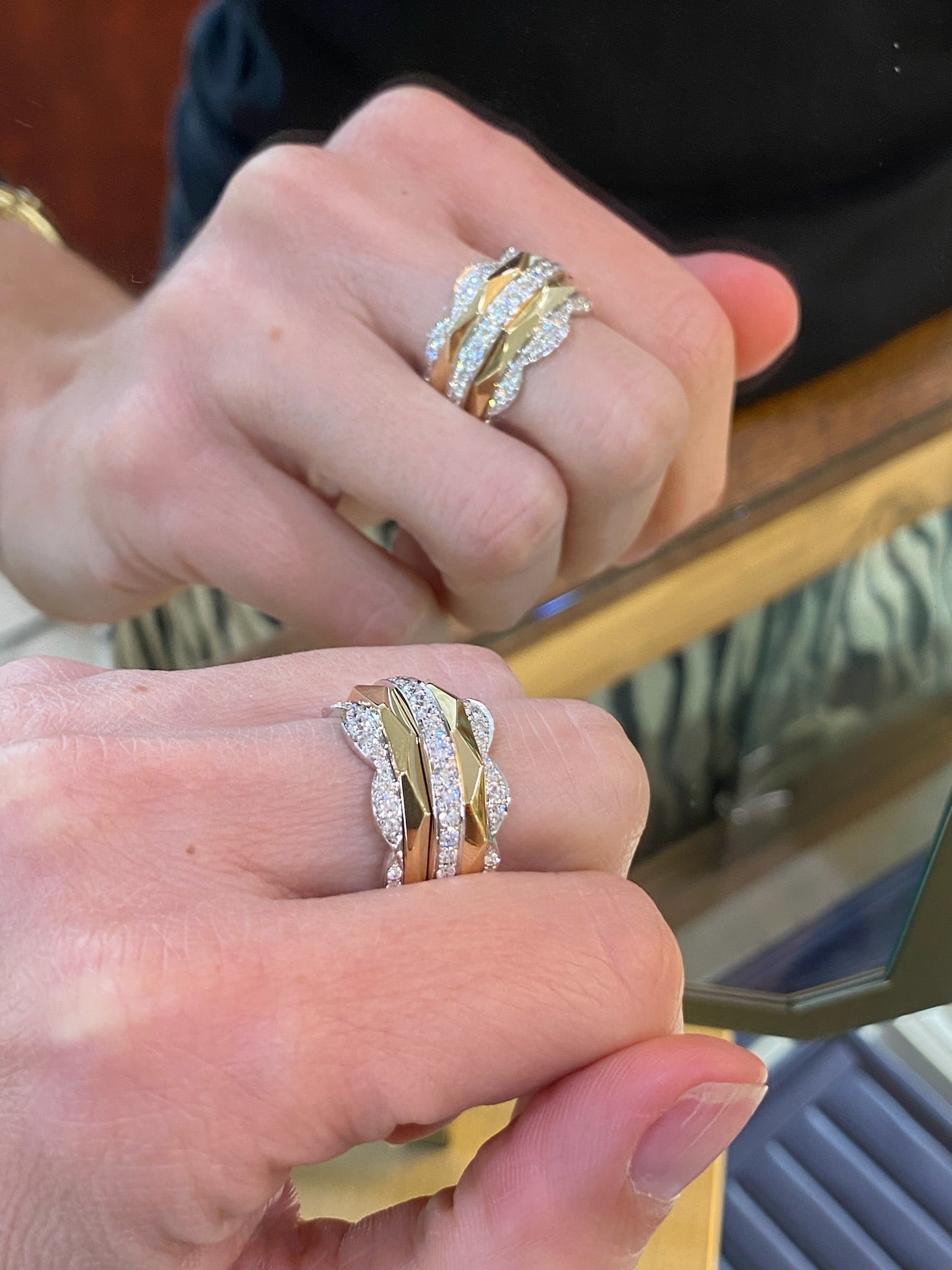 Two Toned Gold and Diamond Geometric Multi-Band Ring