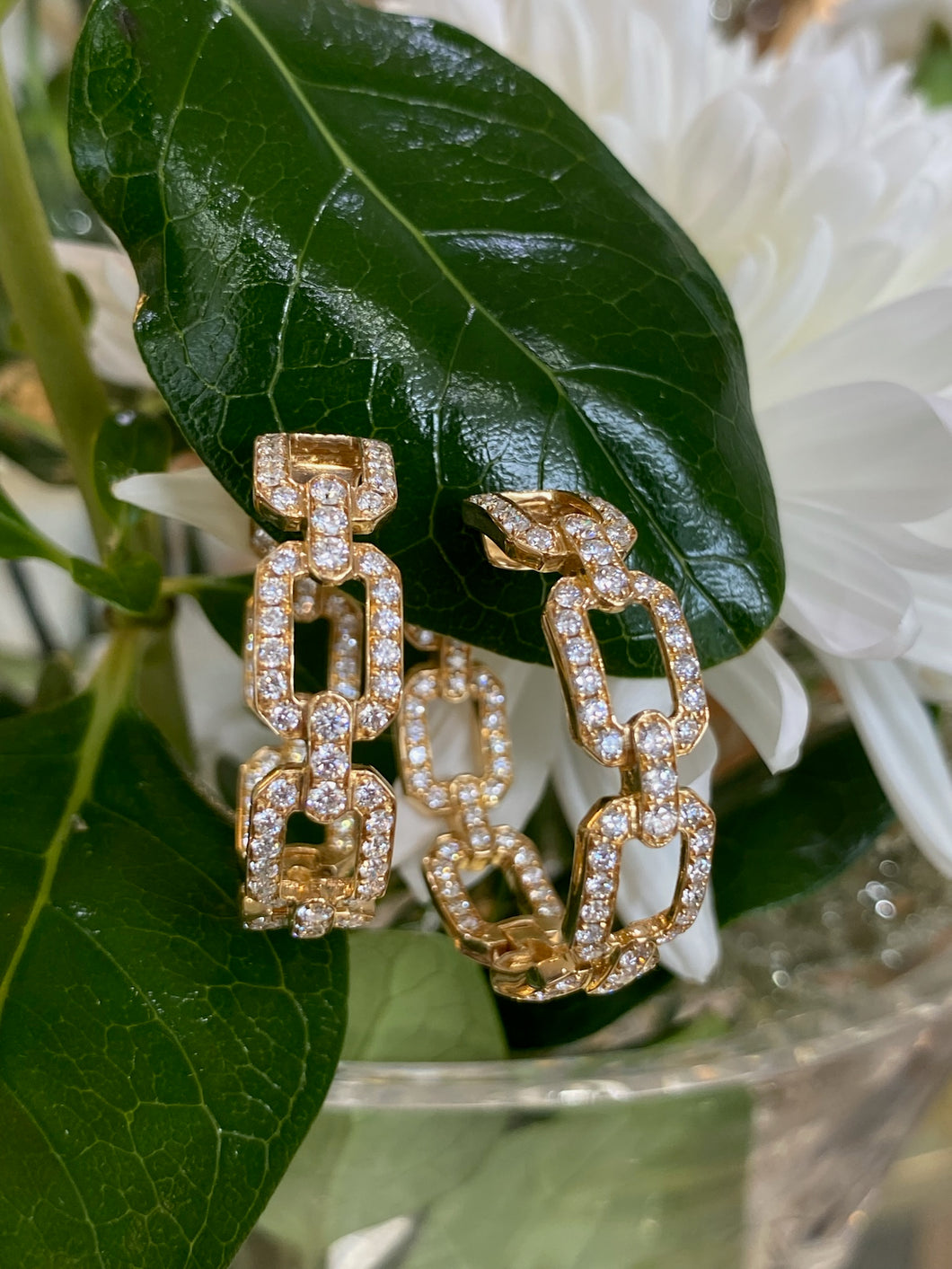 18K Yellow Gold and Diamond Chain Link Hoop Earrings