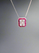 Load image into Gallery viewer, 14K White Gold Diamond Mosaic Ruby Halo Pendant Necklace
