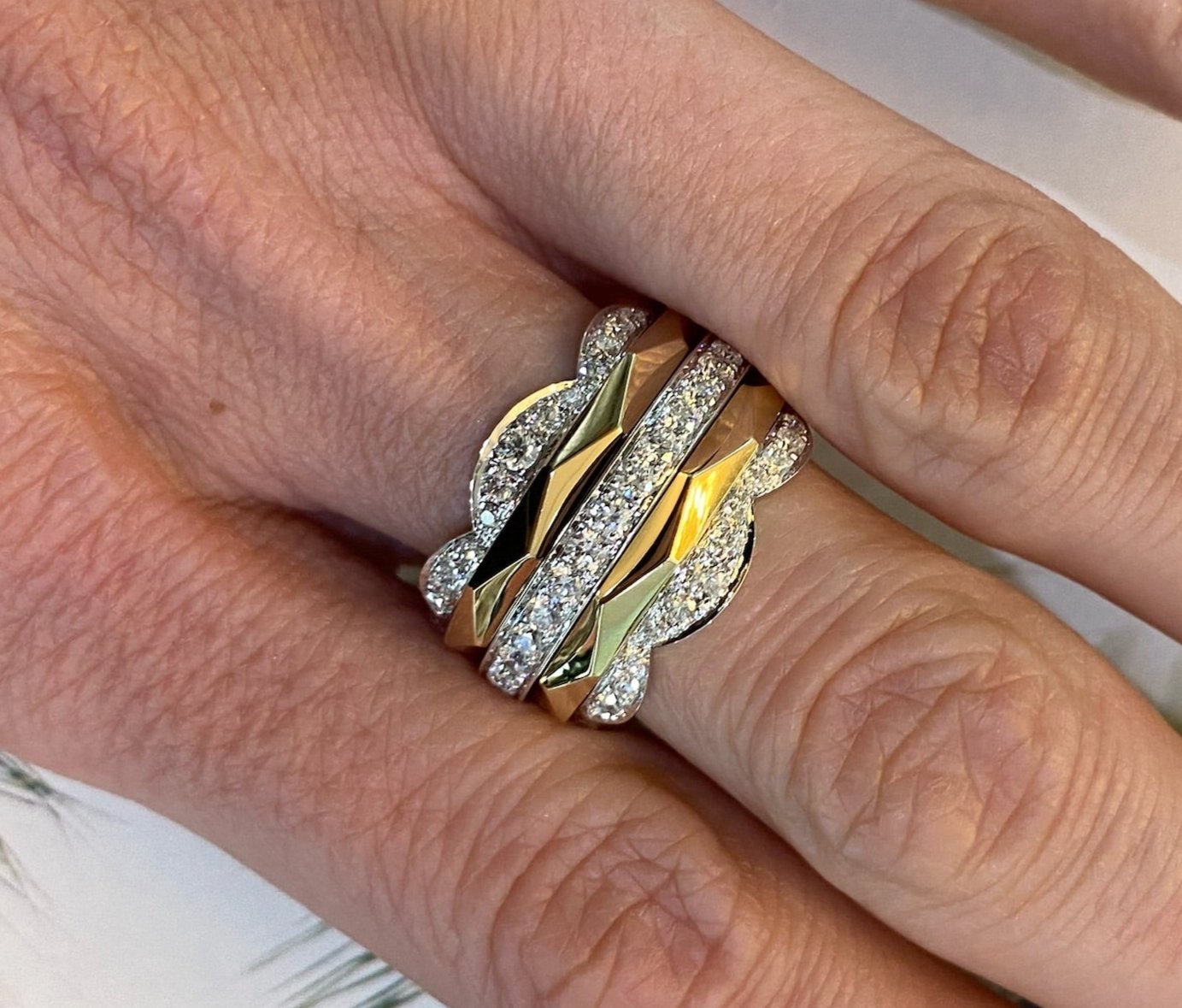 Two Toned Gold and Diamond Geometric Multi-Band Ring