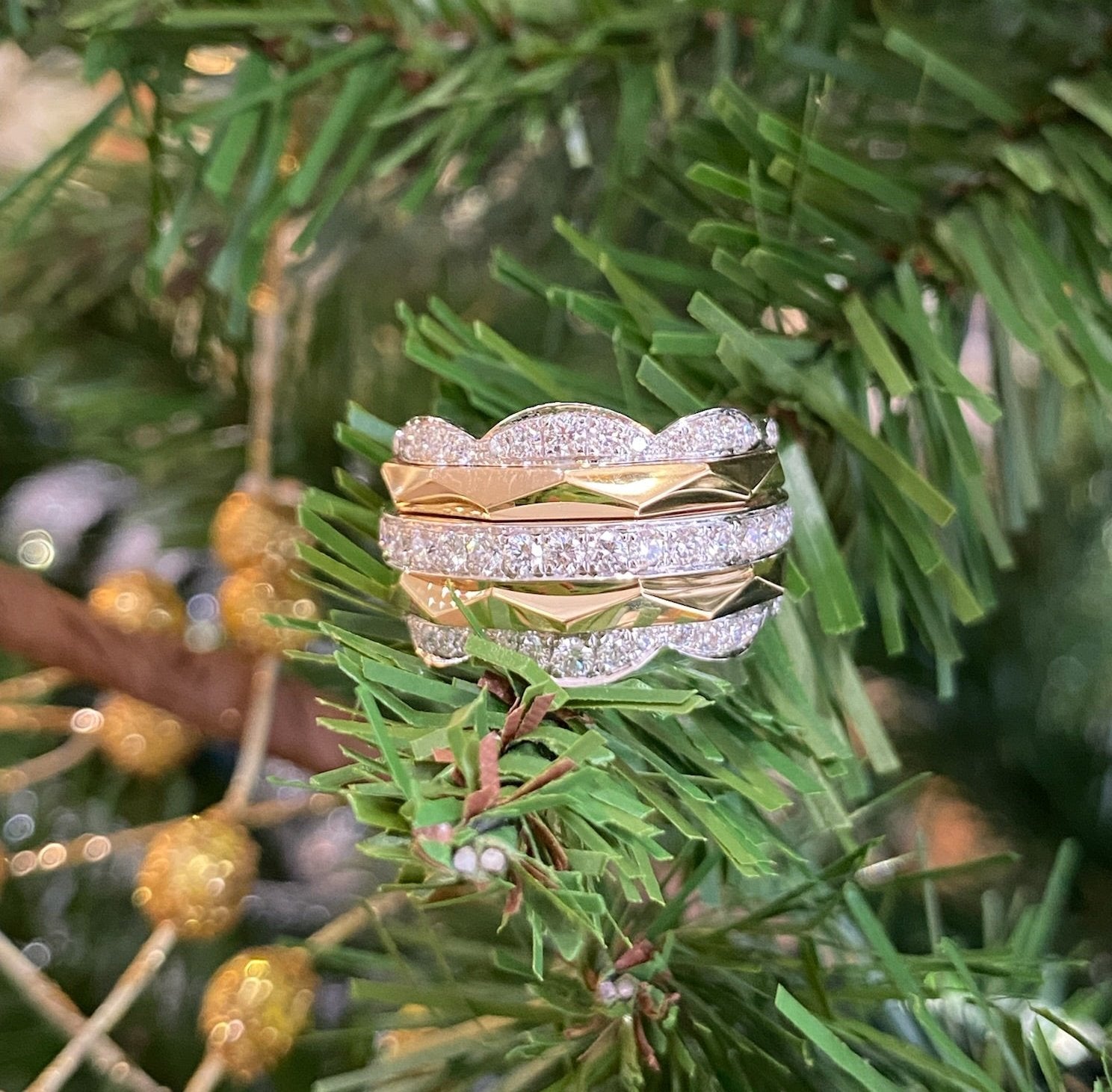 Two Toned Gold and Diamond Geometric Multi-Band Ring