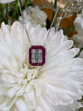 Load image into Gallery viewer, 14K White Gold Diamond Mosaic Ruby Halo Pendant Necklace
