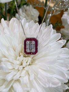 14K White Gold Diamond Mosaic Ruby Halo Pendant Necklace