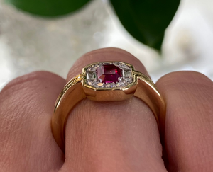 18K Yellow Gold Ruby and Diamond Halo Ring