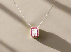 14K White Gold Diamond Mosaic Ruby Halo Pendant Necklace