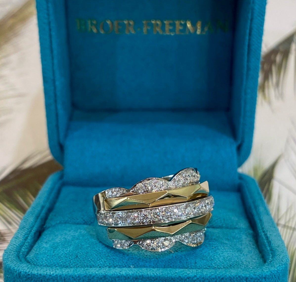 Two Toned Gold and Diamond Geometric Multi-Band Ring