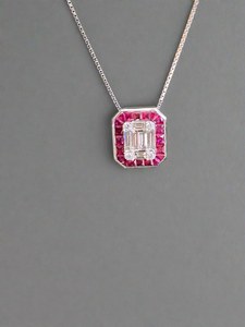 14K White Gold Diamond Mosaic Ruby Halo Pendant Necklace