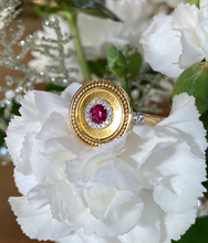 Load image into Gallery viewer, 18K Yellow Gold Ruby and Diamond Disc Ring
