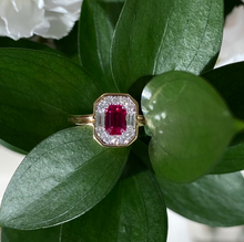 Load image into Gallery viewer, 18K Yellow Gold Ruby and Diamond Halo Ring
