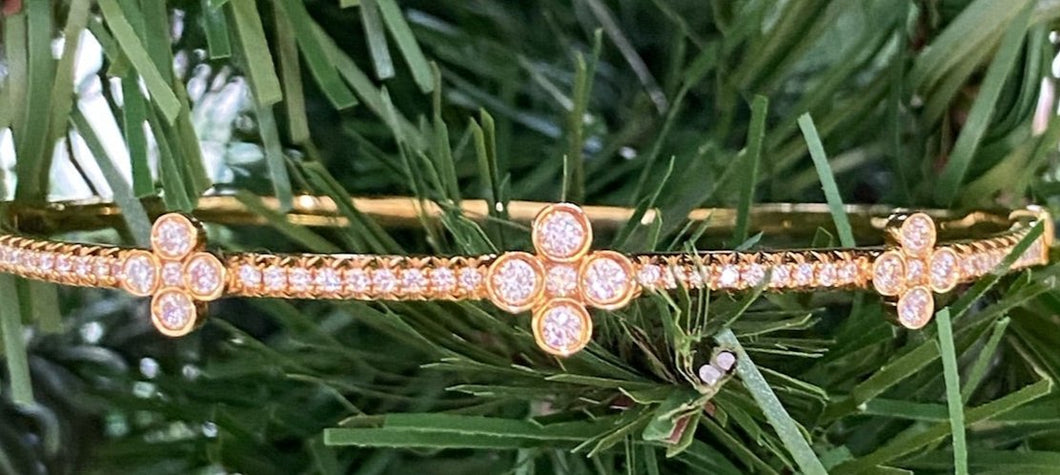 18K Yellow Gold and Diamond Tri-Flower Bangle Bracelet