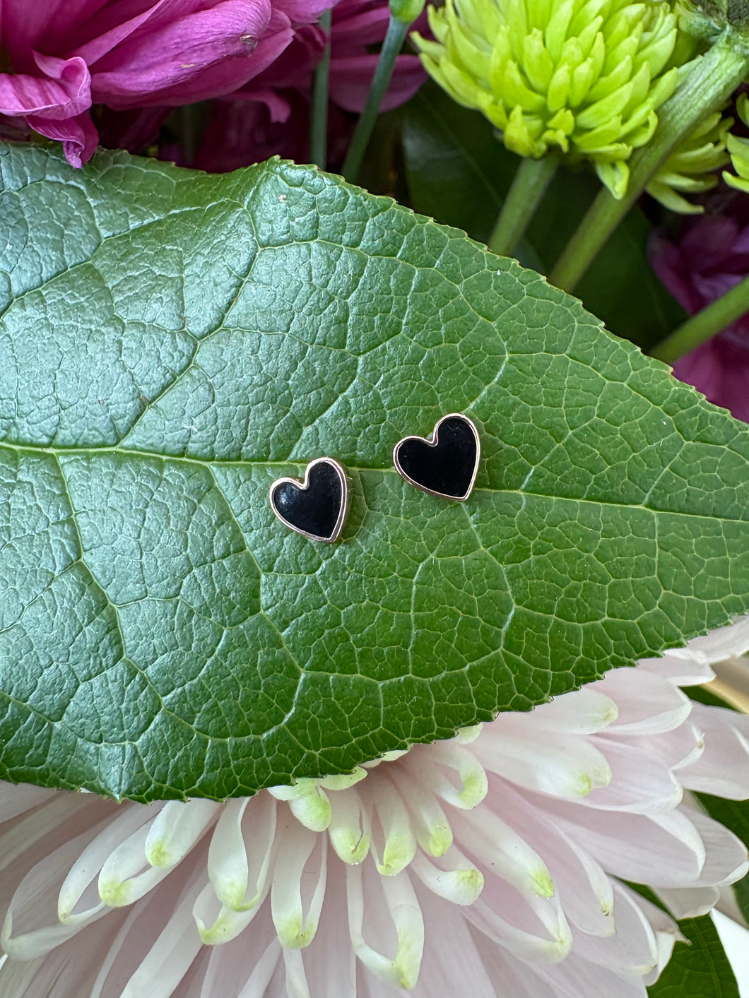 Black Enamel Heart Studs in 14K Rose Gold