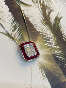 14K White Gold Diamond Mosaic Ruby Halo Pendant Necklace