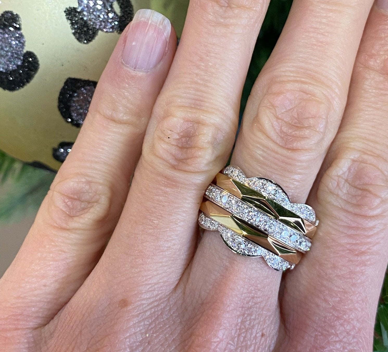 Two Toned Gold and Diamond Geometric Multi-Band Ring