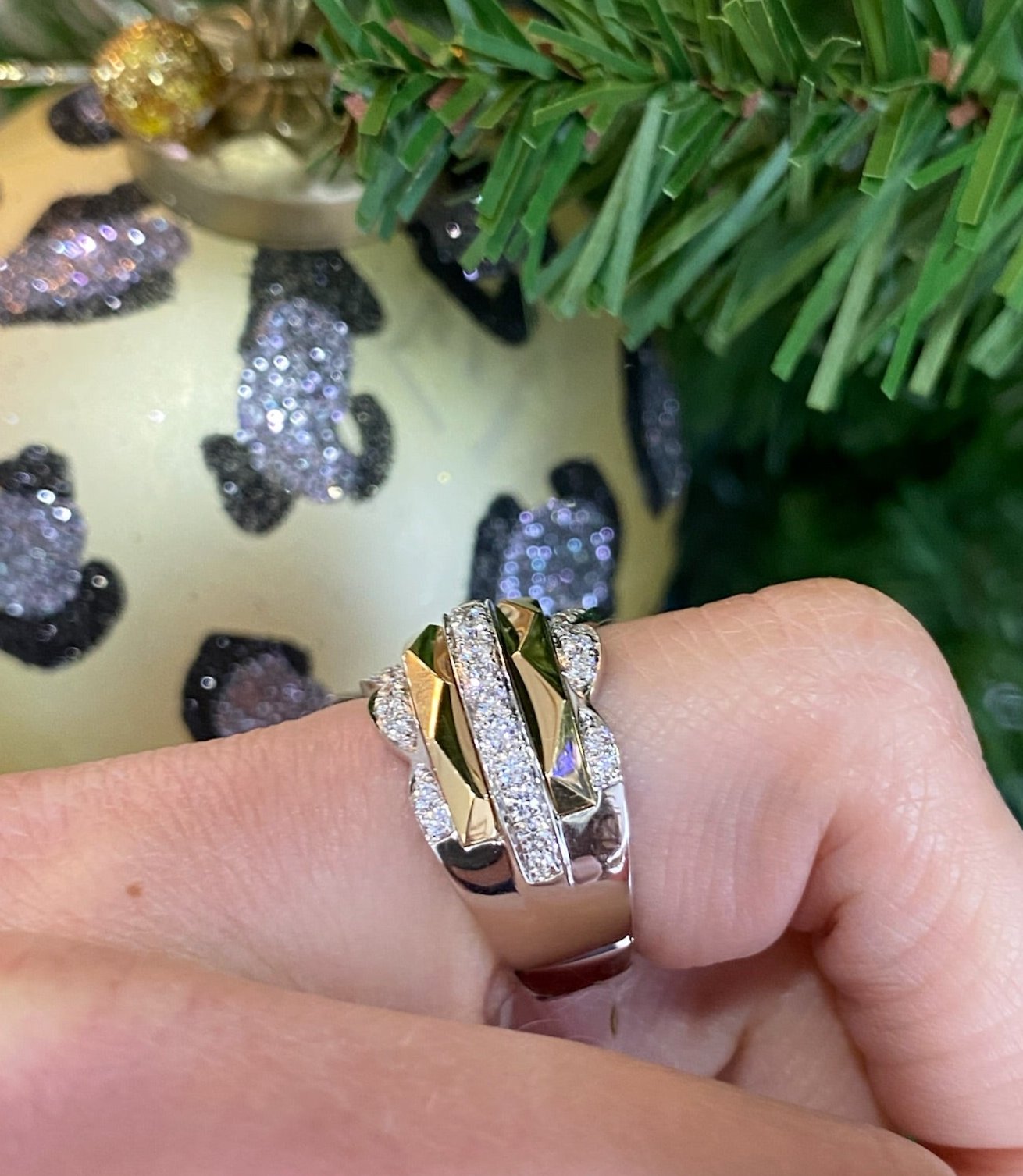 Two Toned Gold and Diamond Geometric Multi-Band Ring
