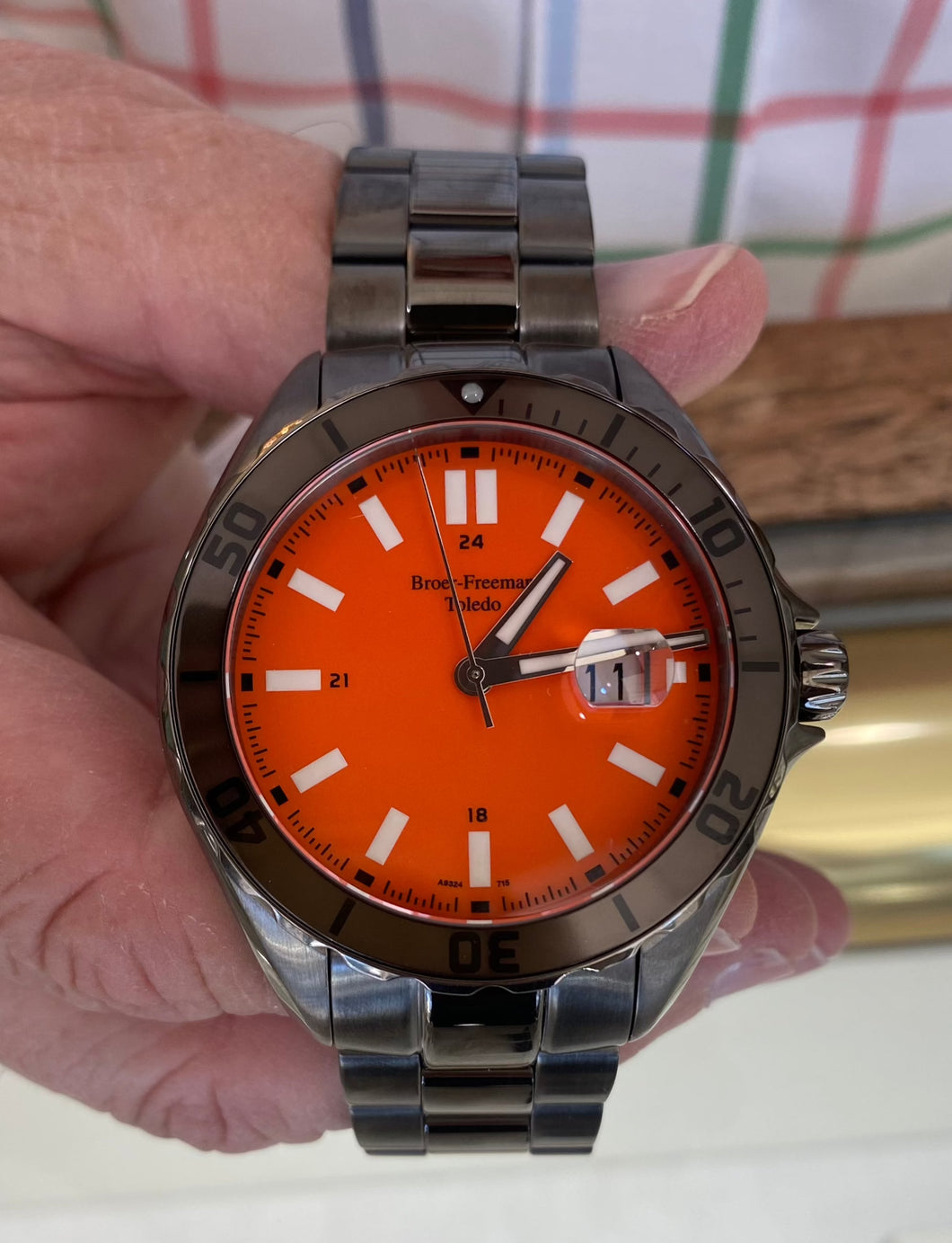 Orange Dial Dark Grey Toned Stainless Steel Diver's Watch