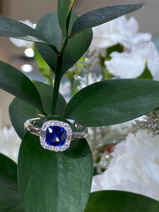 18K White Gold Square Sapphire Diamond Halo Ring