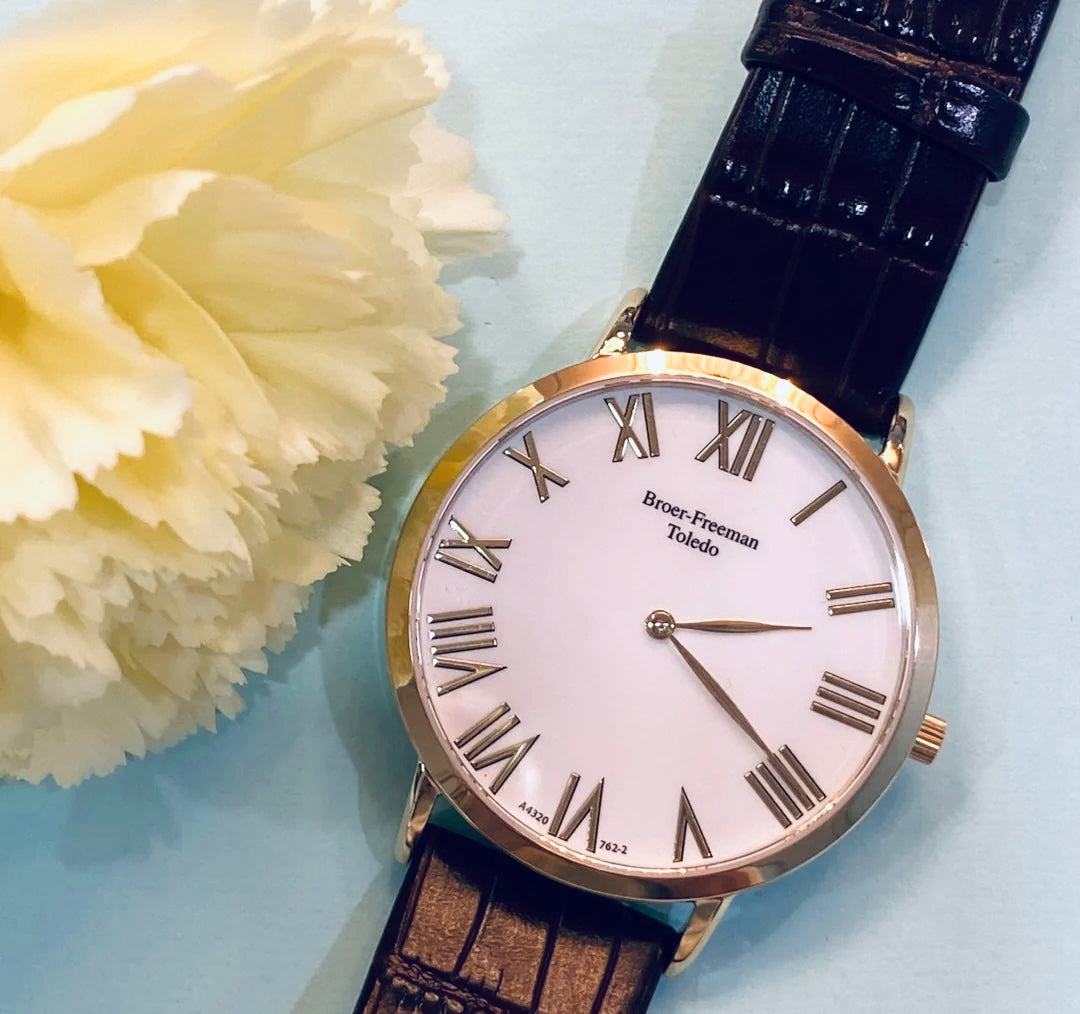 White Dial Gold Accent Brown Leather Bracelet Watch