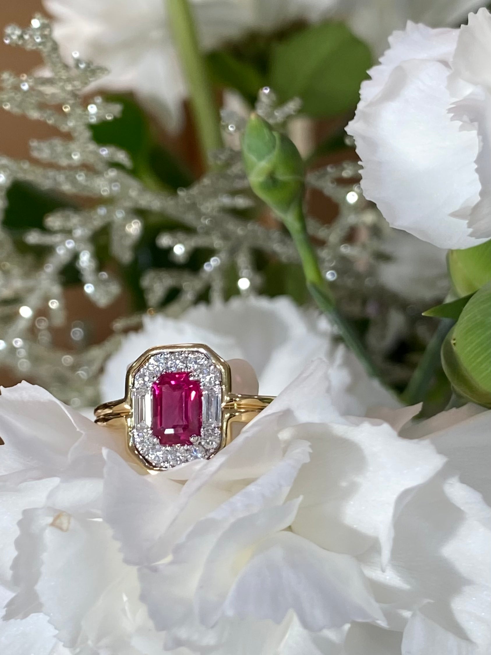 18K Yellow Gold Ruby and Diamond Halo Ring