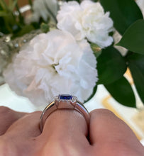 Load image into Gallery viewer, 18K White Gold Square Sapphire Diamond Halo Ring
