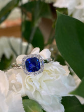 Load image into Gallery viewer, 18K White Gold Square Sapphire Diamond Halo Ring
