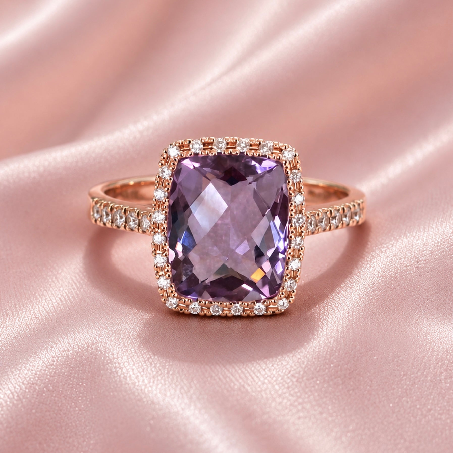 Rose Gold Pink Amethyst and Diamond Cocktail Ring