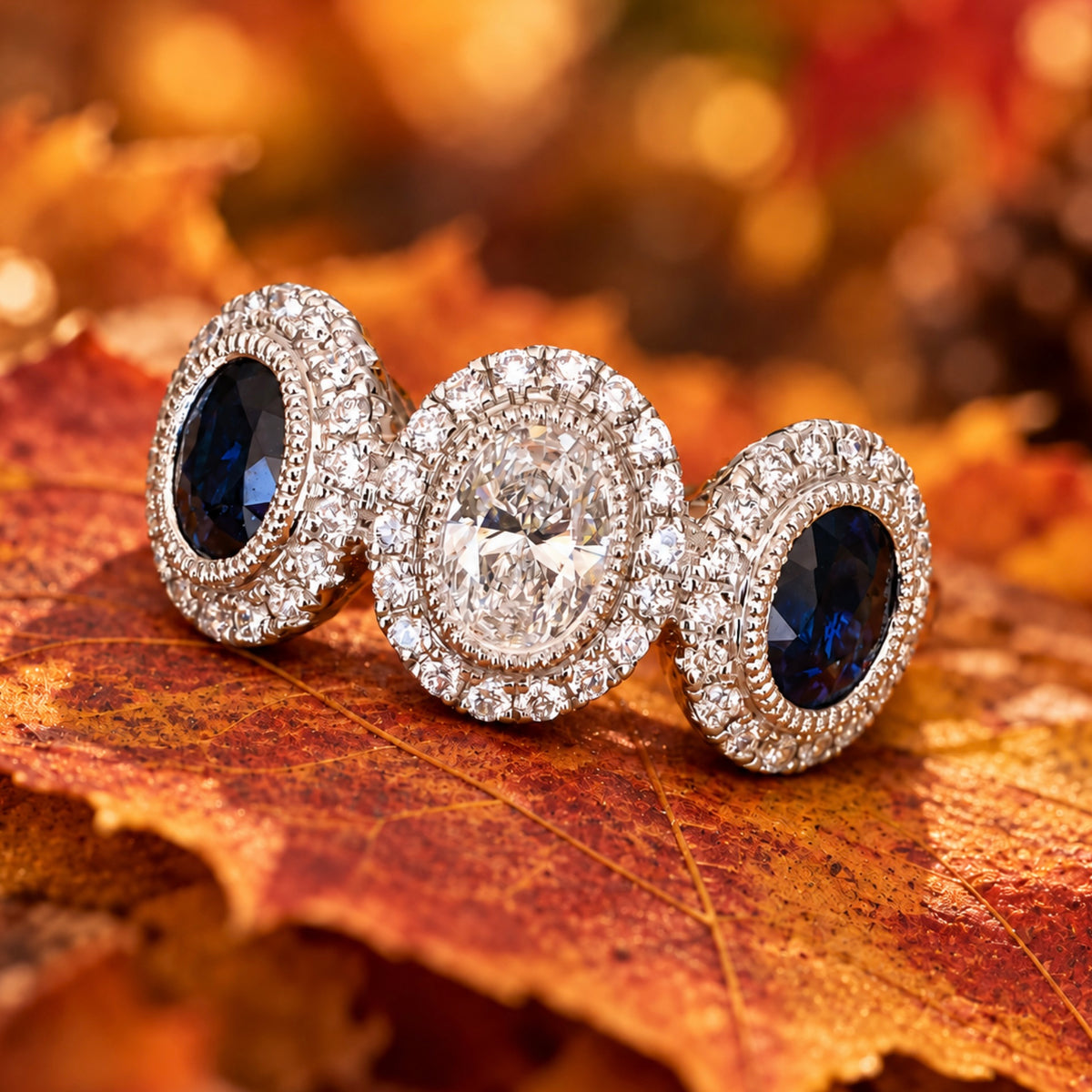 Oval Diamond & Sapphire Three Stone Ring