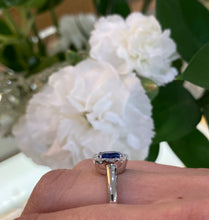 Load image into Gallery viewer, 18K White Gold Square Sapphire Diamond Halo Ring
