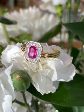 Load image into Gallery viewer, 18K Yellow Gold Ruby and Diamond Halo Ring
