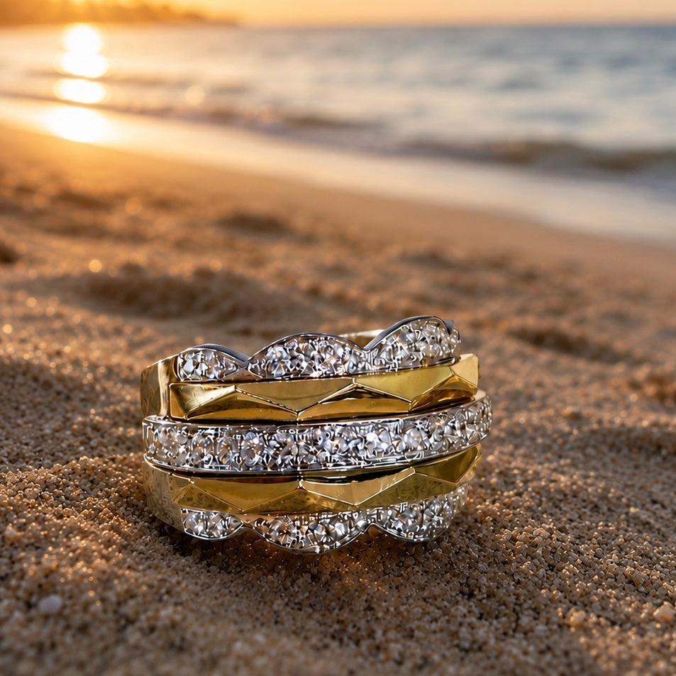 Two Toned Gold and Diamond Geometric Multi-Band Ring