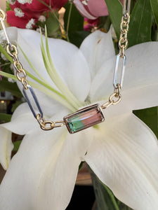 Watermelon Tourmaline Necklace with Two Tone Mixed Chain