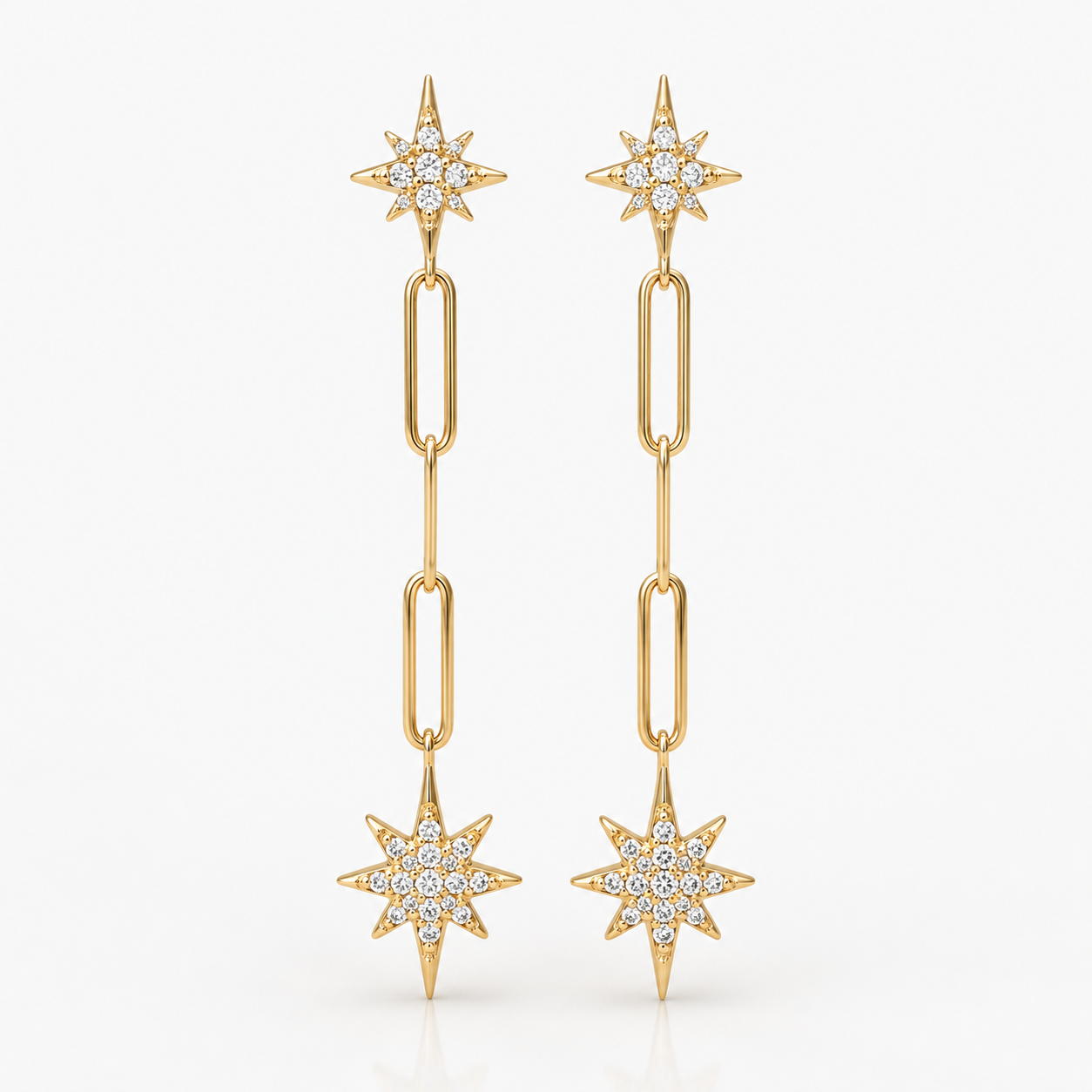 Double Star Yellow Gold Dangle Earrings
