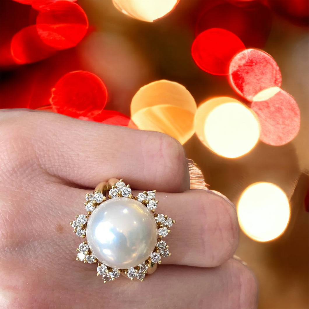 18K Gold Vintage Pearl and Diamond Sun Flare Ring