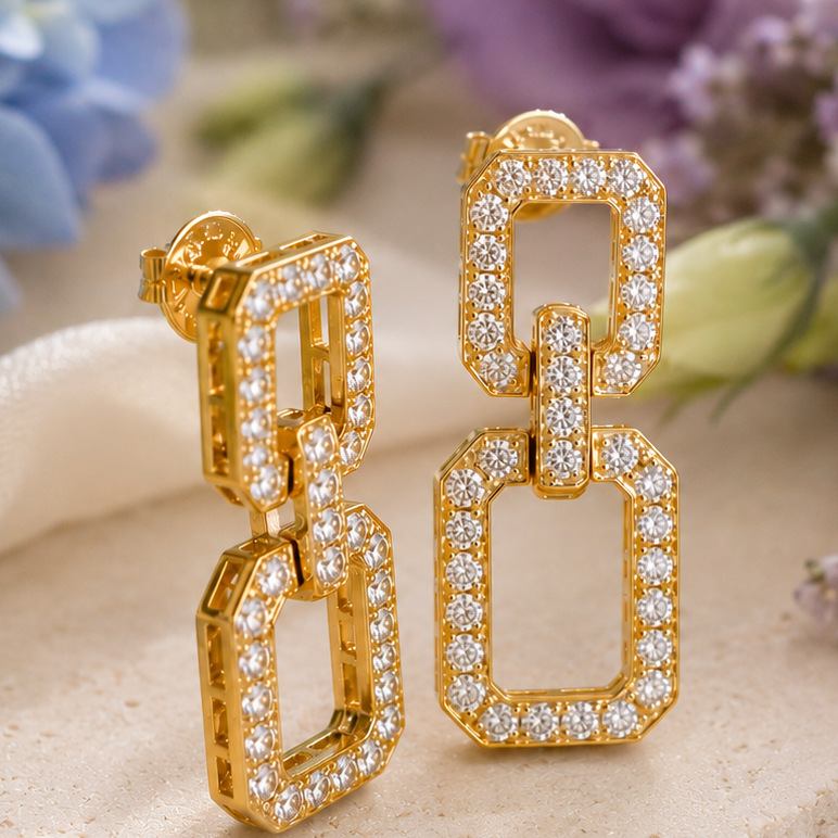 Statement Yellow Gold and Diamond Link Earrings