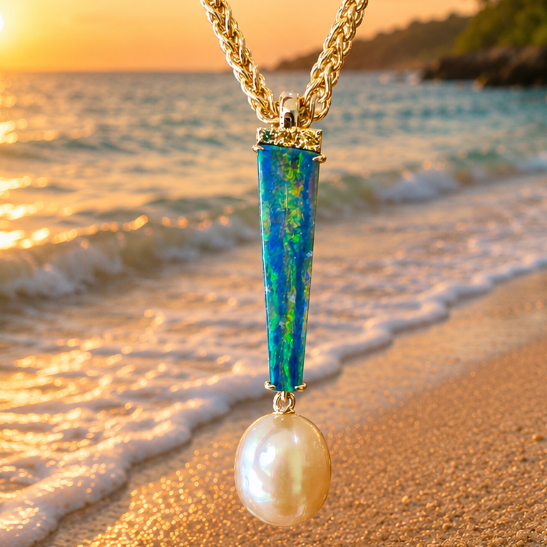 18K Yellow Gold Opal Pearl and Green Garnet Pendant Necklace
